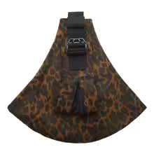 Ergonomic baby carrier with wide shoulder strap, brown and black camouflage pattern, and buckle.