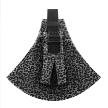 Ergonomic baby carrier with gray leopard print fabric and black adjustable strap.