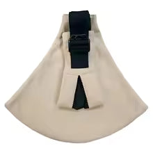 Ergonomic beige baby carrier sling with wide black shoulder strap and buckle.