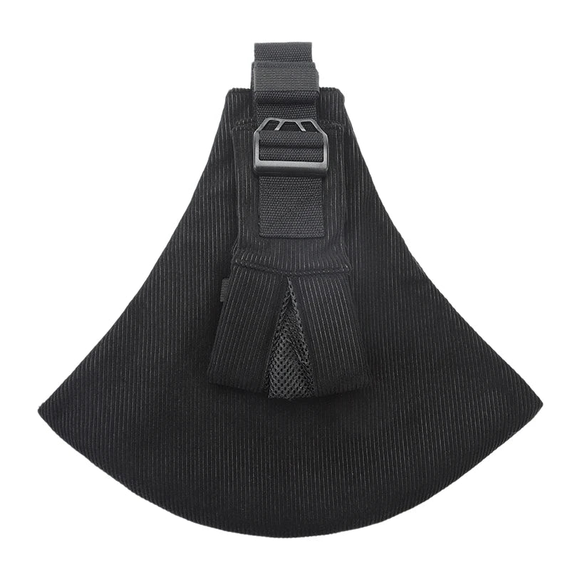 Black ergonomic baby carrier with wide ribbed shoulder strap, buckle, and mesh pocket.