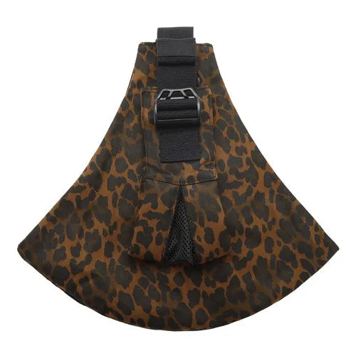 Brown leopard print ergonomic baby carrier with wide black shoulder strap and buckle.