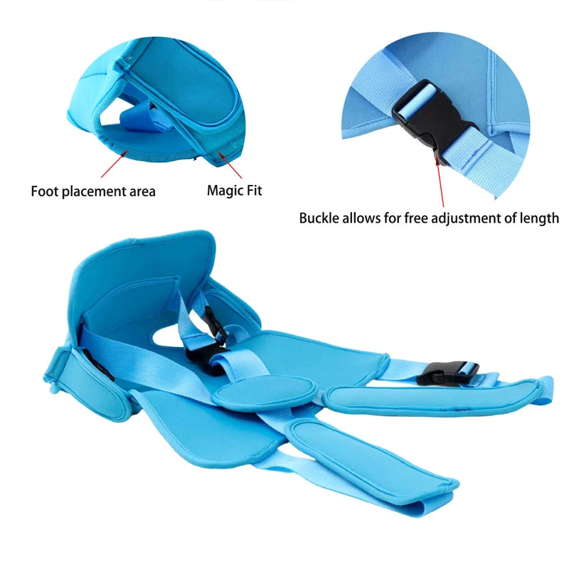 Blue ergonomic baby carrier with adjustable buckle, foot placement area, and Magic Fit design.