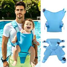 Blue ergonomic baby carrier for pool or daily use, shown with father and baby, plus detailed views.