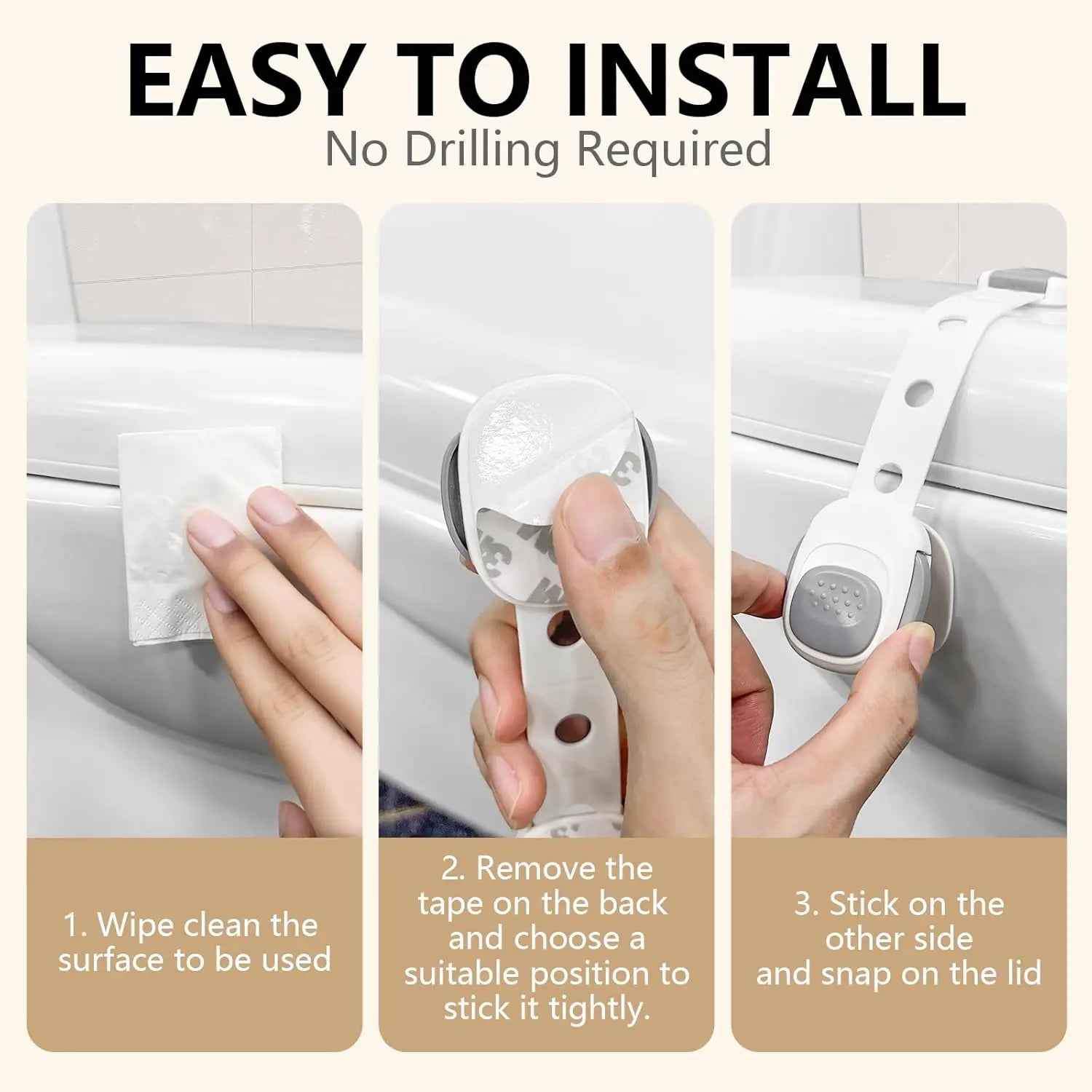 White plastic toilet seat safety lock with grey accents, shown in a 3-step installation guide.
