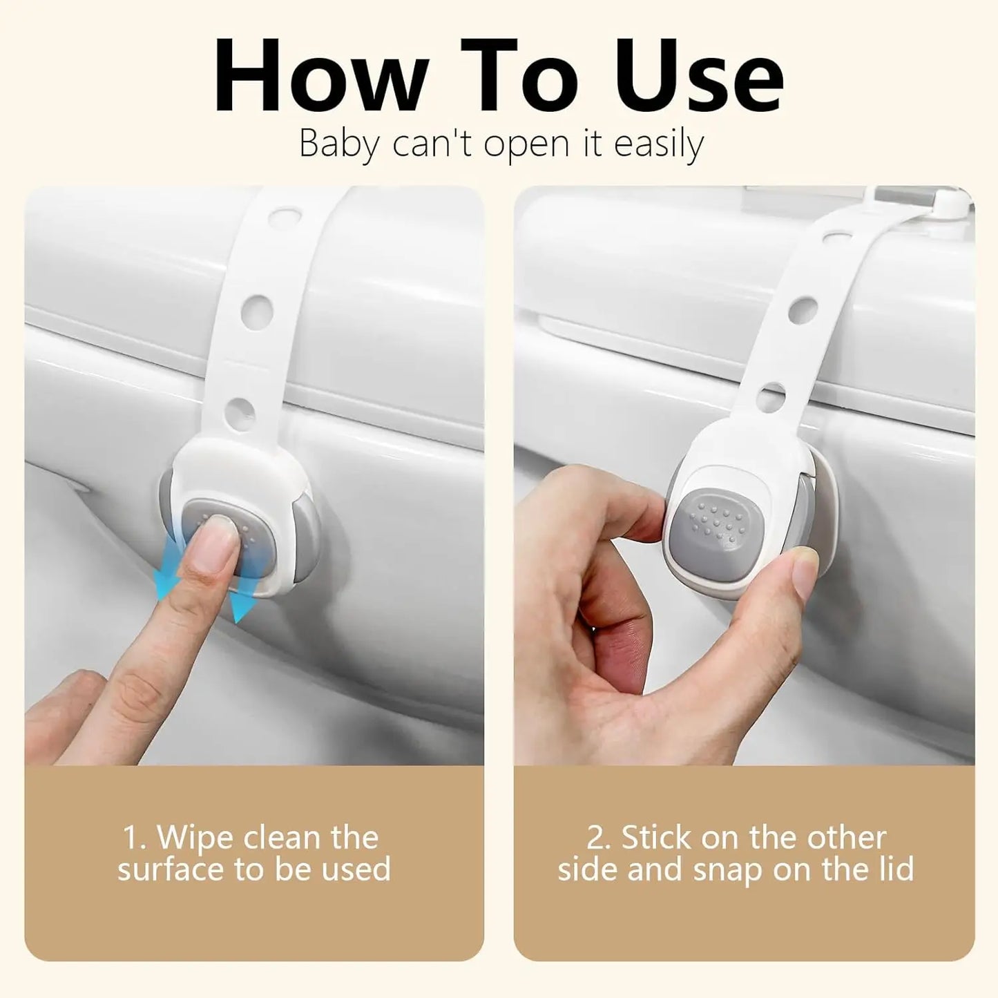 White plastic toilet seat safety lock for toddlers and pets, shown with installation steps.