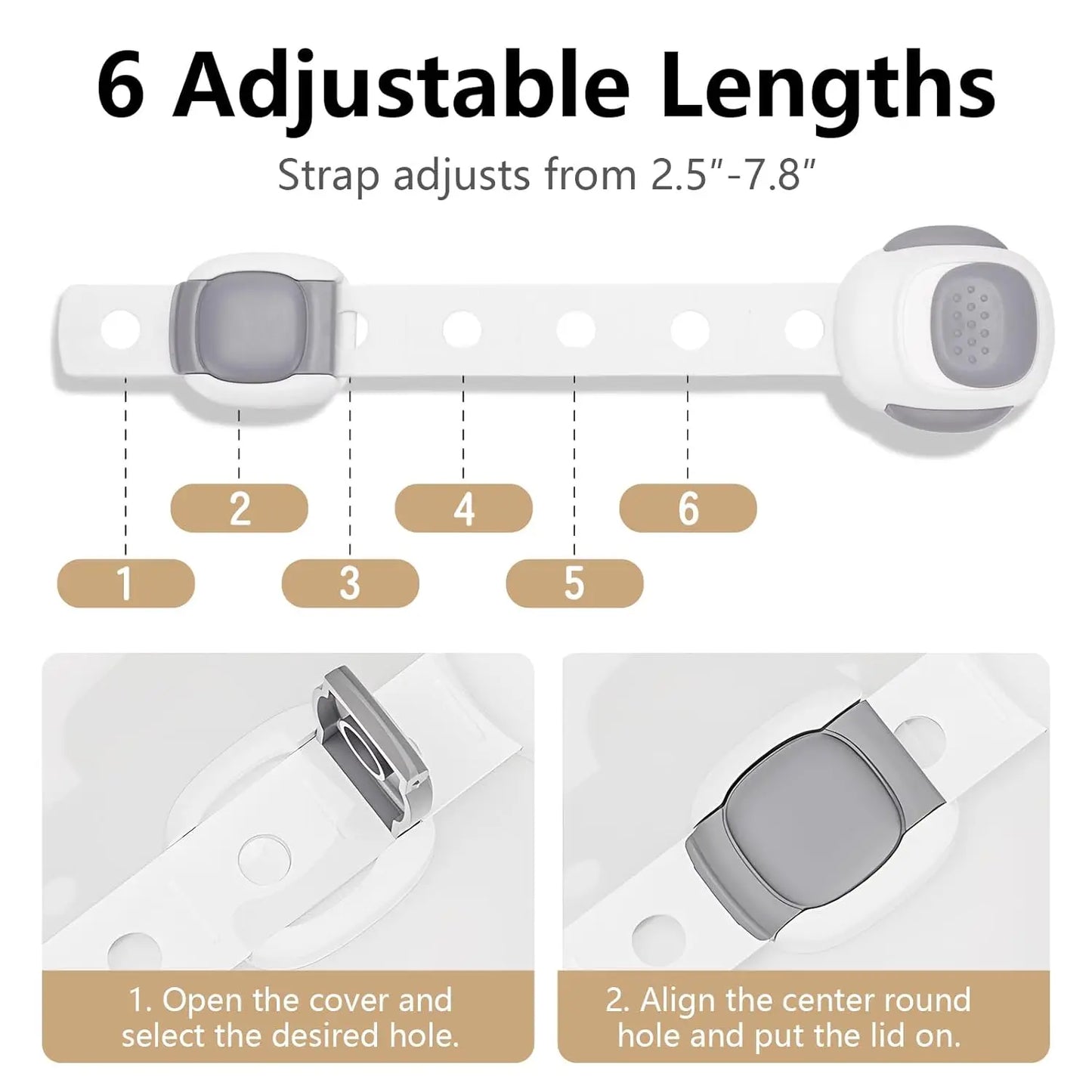 White plastic toilet seat lock with adjustable strap, gray accents, showing 6 length options and installation steps.