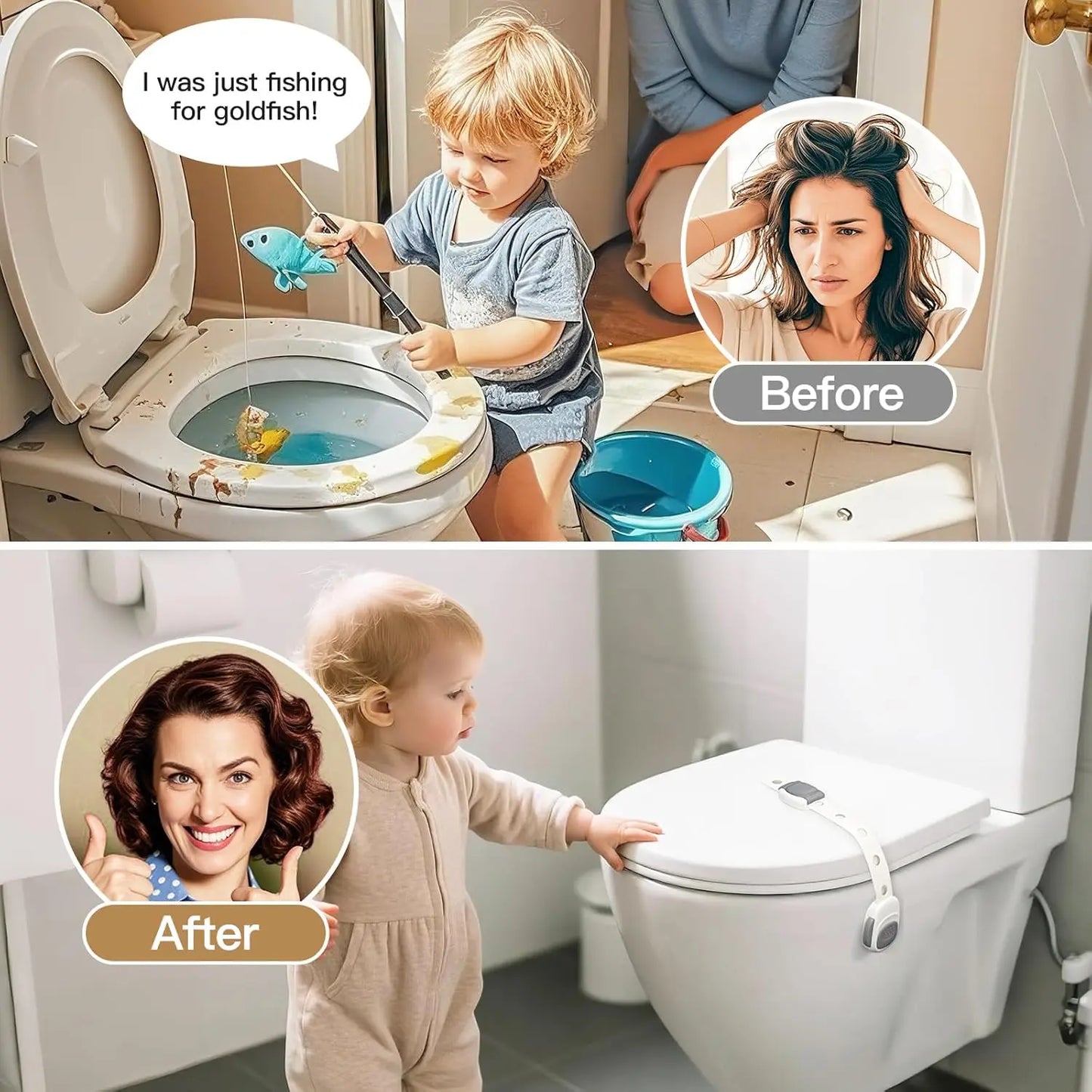 White plastic toilet safety lock for toddlers and pets, preventing lid opening.