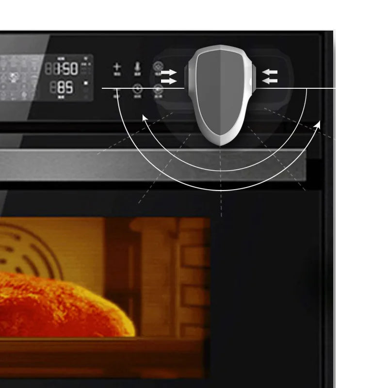 Gray plastic child safety lock on a black oven, showing installation and function.
