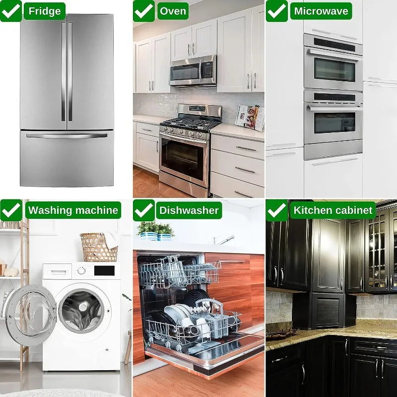Gray child safety lock shown on various kitchen appliances and cabinets.