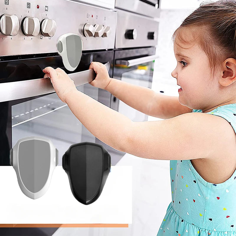 Gray child safety lock on an oven, with a child trying to open it. Also shows white and black lock options.