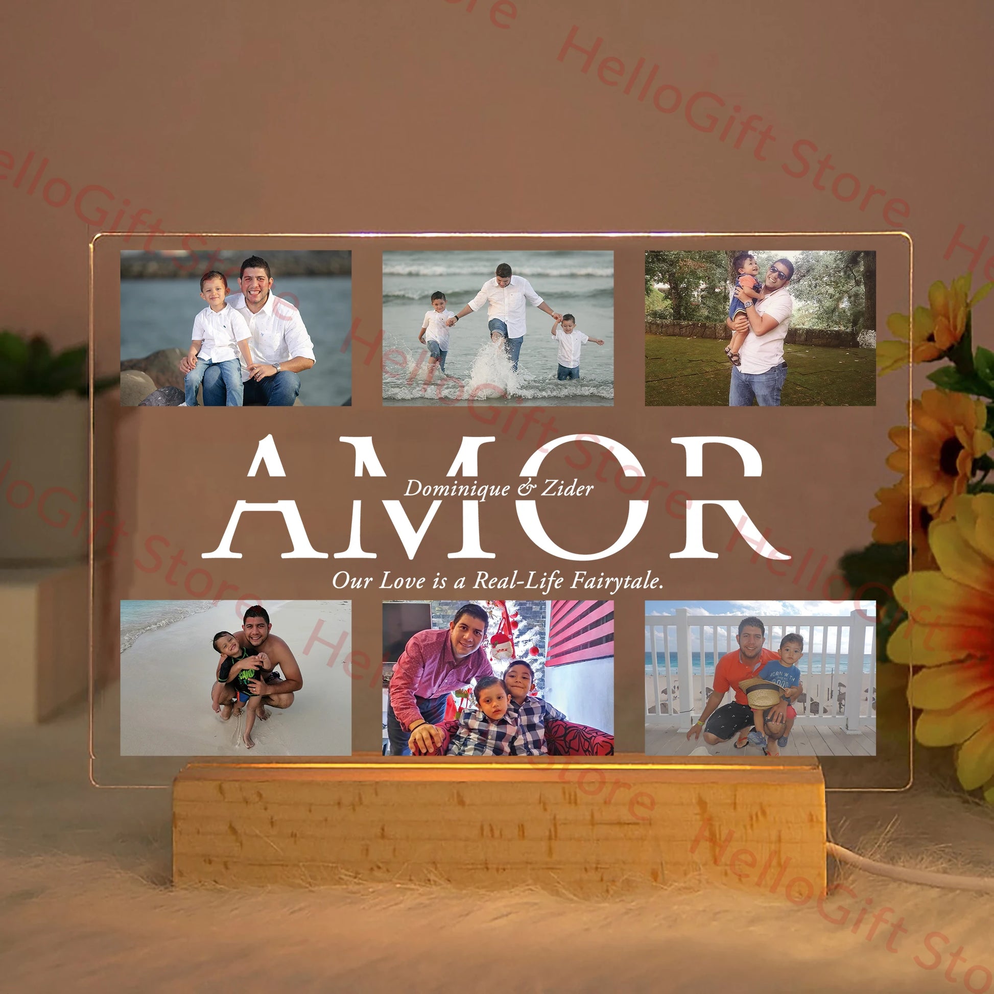 Personalized acrylic LED night light with six family photos, "AMOR" text, and a wooden base.