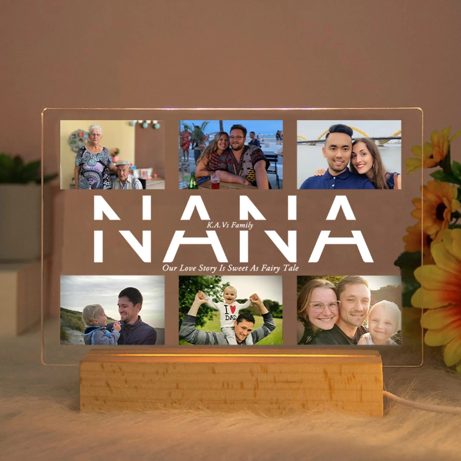 Personalized acrylic LED night light with six family photos and "NANA" text on a wooden base.