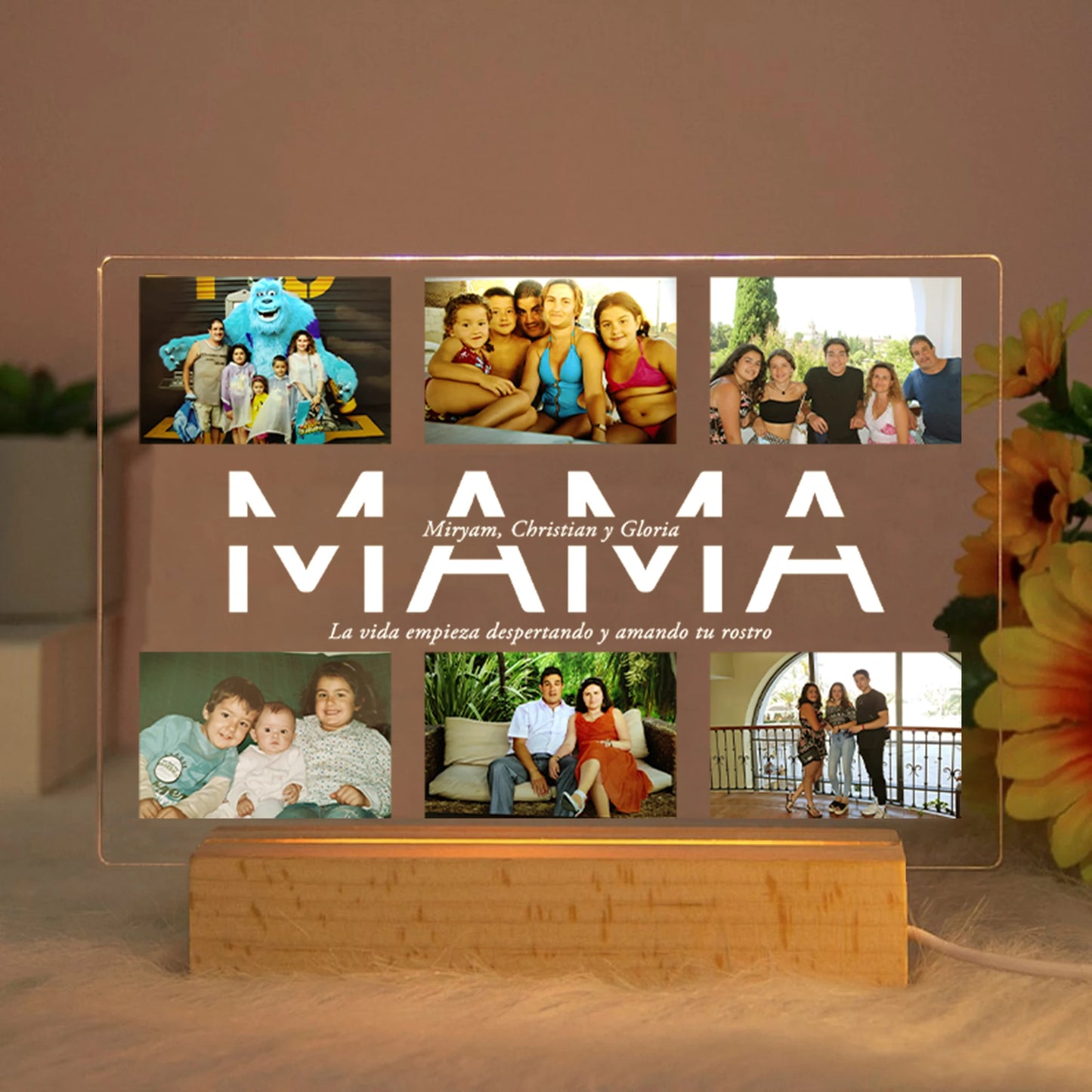 Personalized acrylic LED night light with custom photos and "MAMA" text on a wooden base.