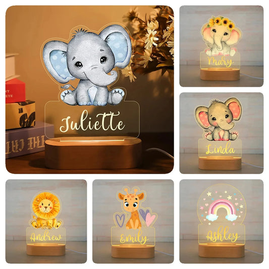 Personalized LED night light with wood base, acrylic animal design, and custom name.