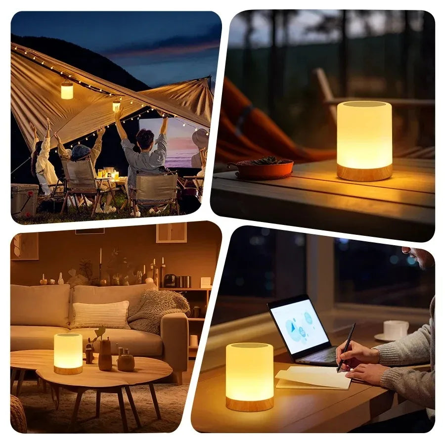 Rechargeable LED night light with remote, color-changing RGB, and wood-grain base, shown in various settings.