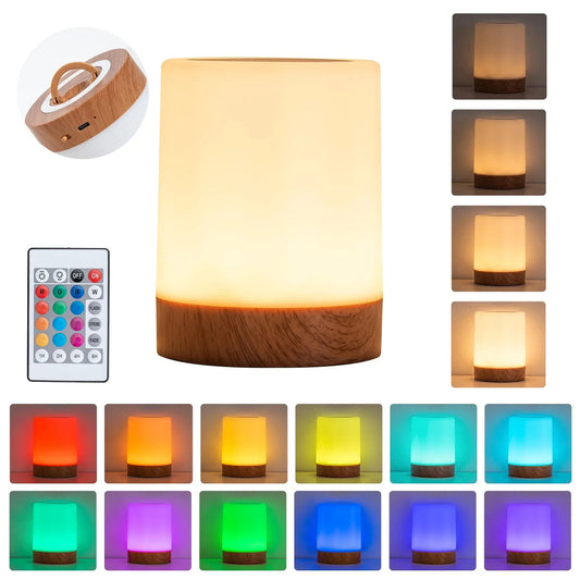 Rechargeable LED night light with wood grain base, remote, and multiple RGB color options.