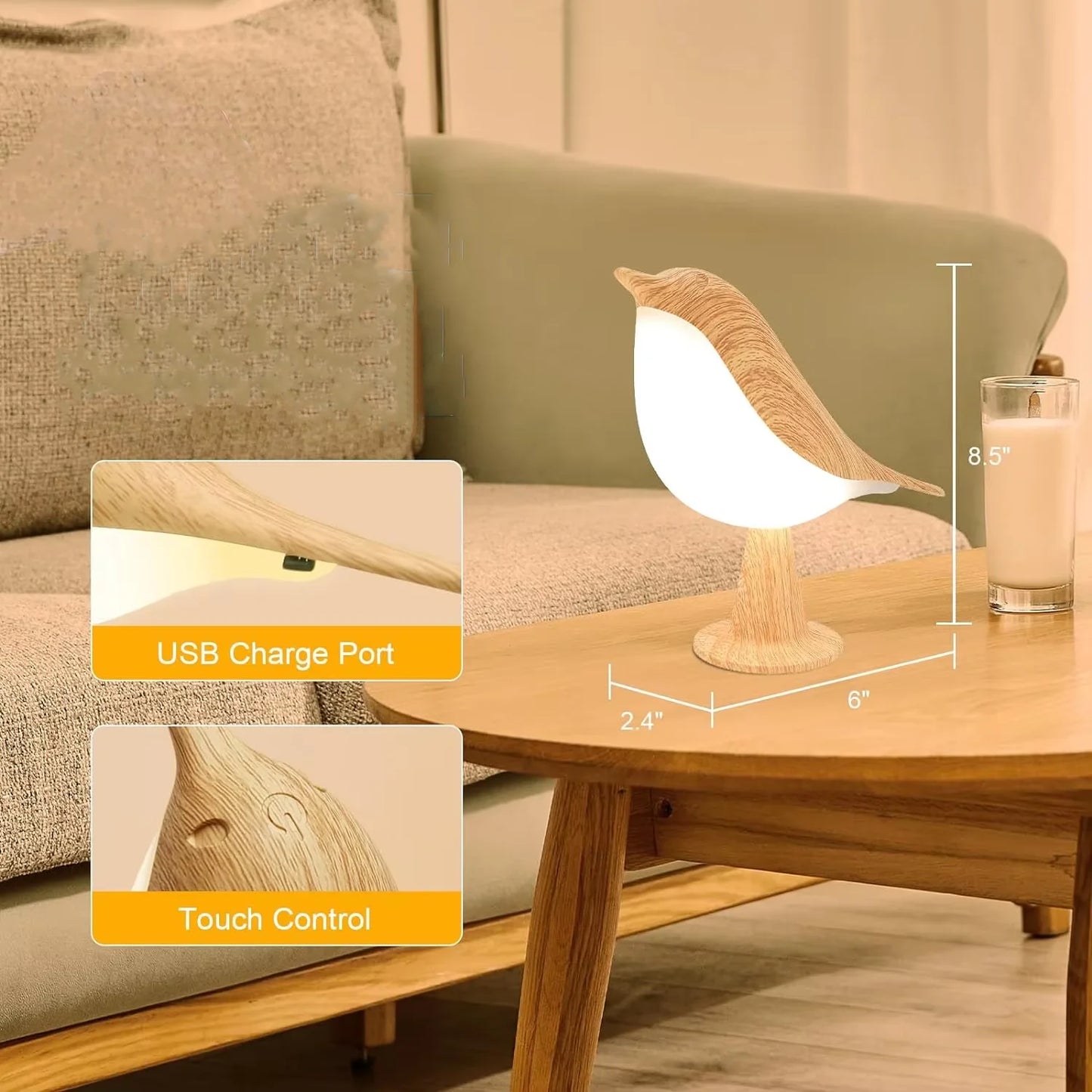 Wooden bird-shaped LED night light with touch control and USB charging, 8.5" tall.
