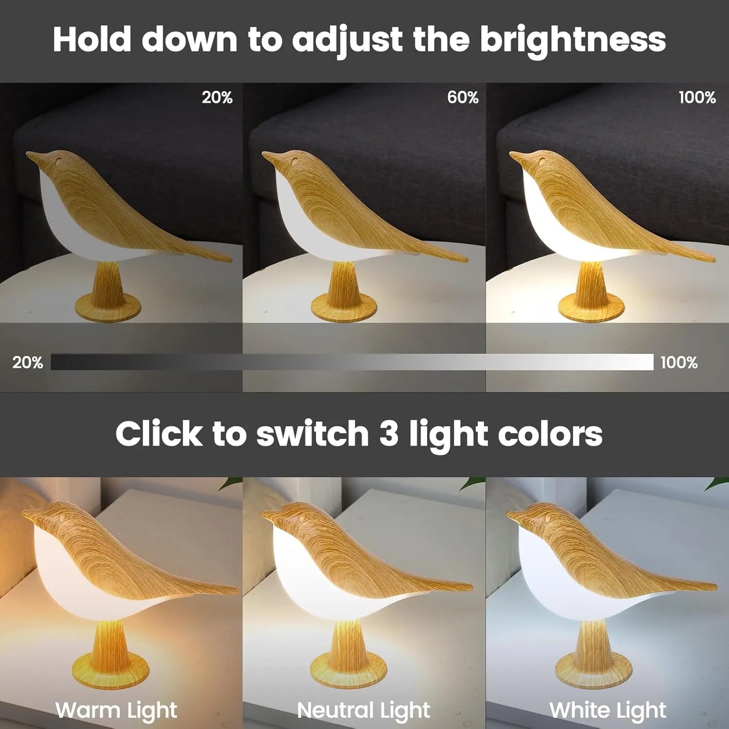 Wooden bird-shaped LED night light with adjustable brightness and three color temperatures.