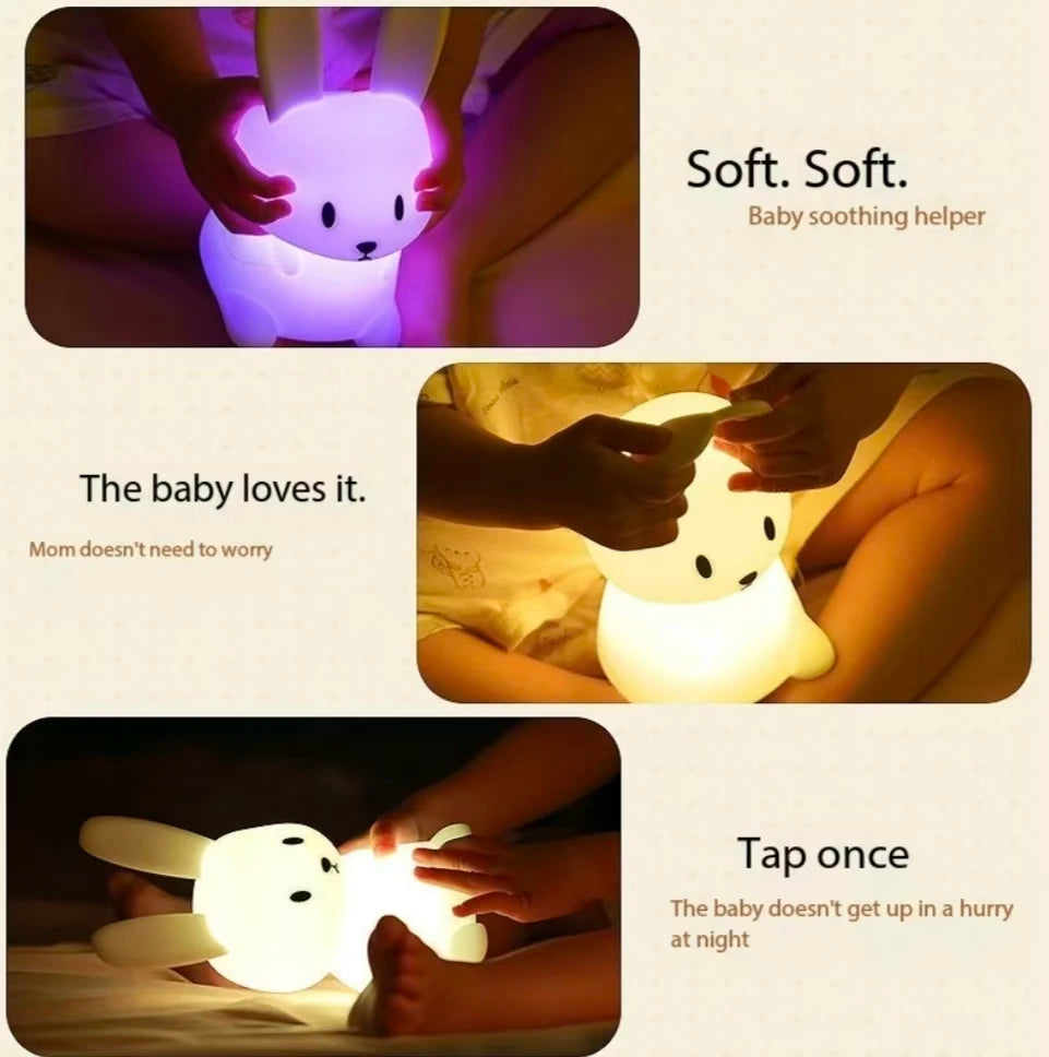 Soft silicone rabbit night light with touch sensor, glowing purple and warm white.