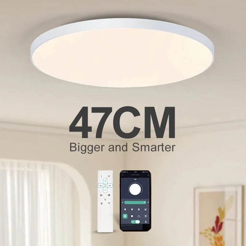 47cm round white smart LED ceiling light with remote control and app interface.