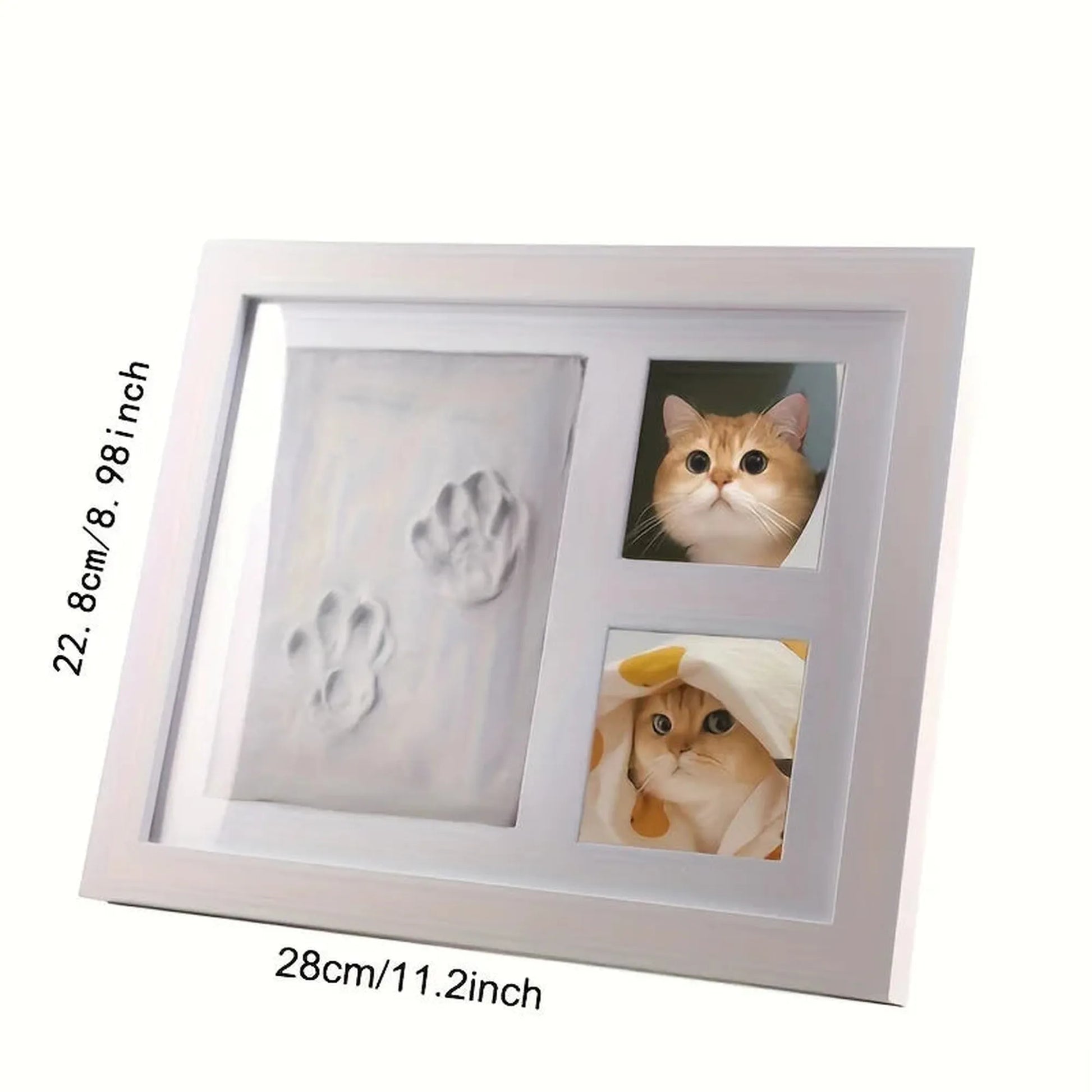 White classic MDF frame for pet paw print keepsake and two photos, 28x22.8cm.