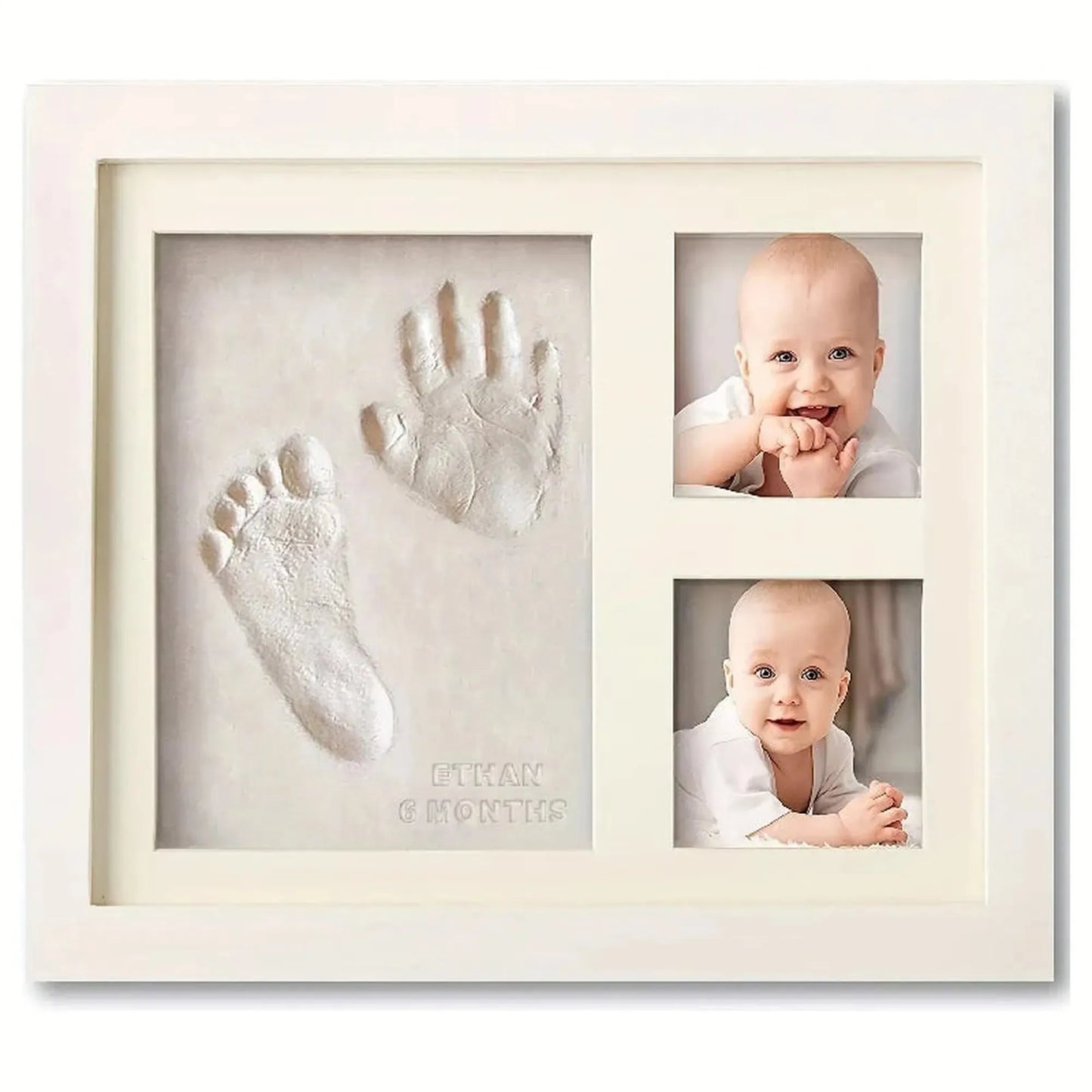 White classic baby handprint and footprint keepsake frame with two photo slots and "Ethan 6 Months" text.