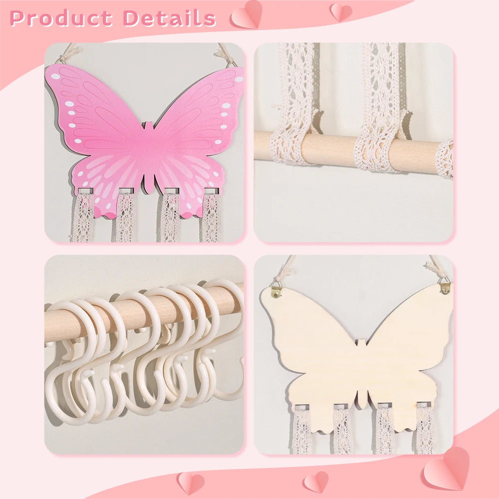Pink butterfly wooden wall hanger with lace ribbons and S-hooks for hair accessories.