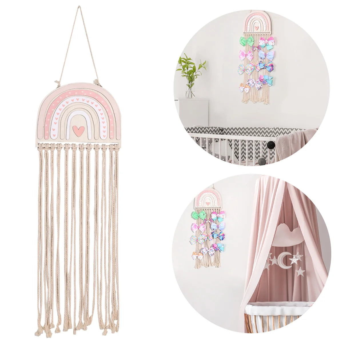 Pink rainbow macrame wall hanger for girls' hair accessories, featuring a heart and braided cotton ropes.