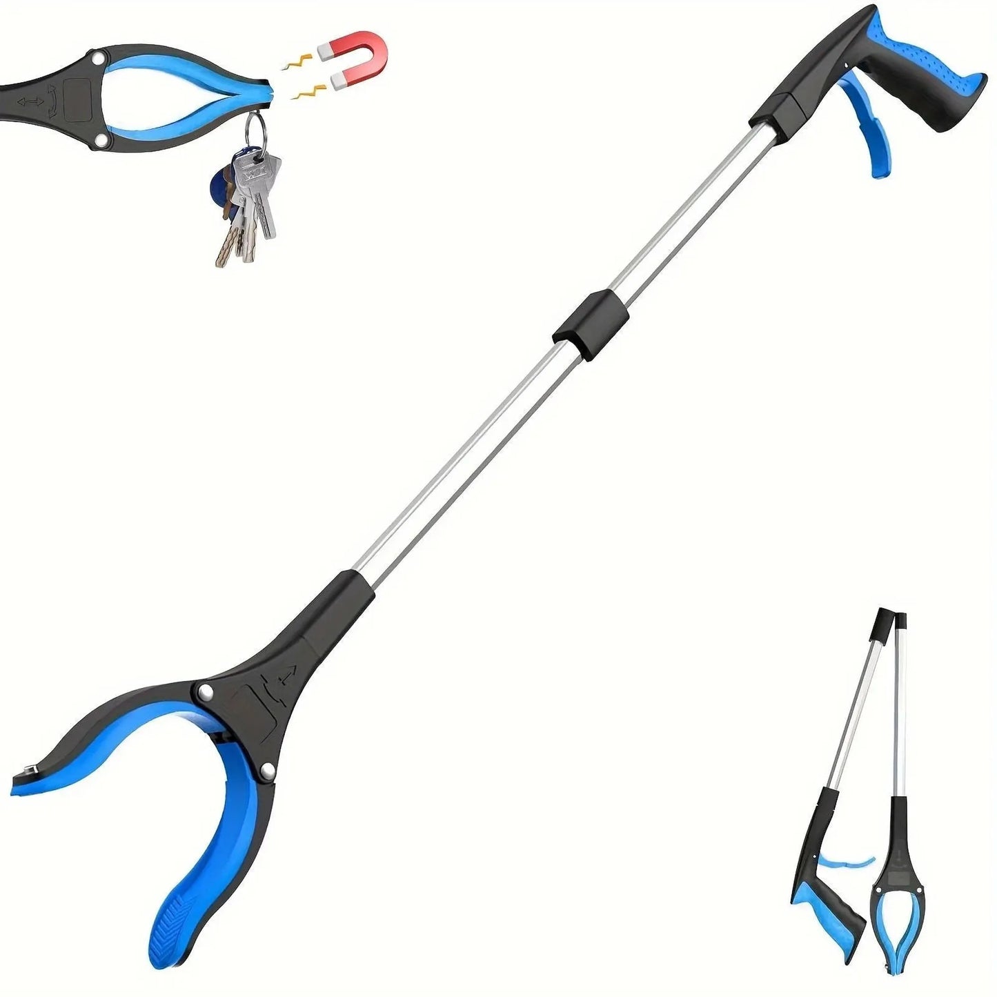 80cm foldable grabber tool with blue and black handle, rotating head, and magnetic tip.