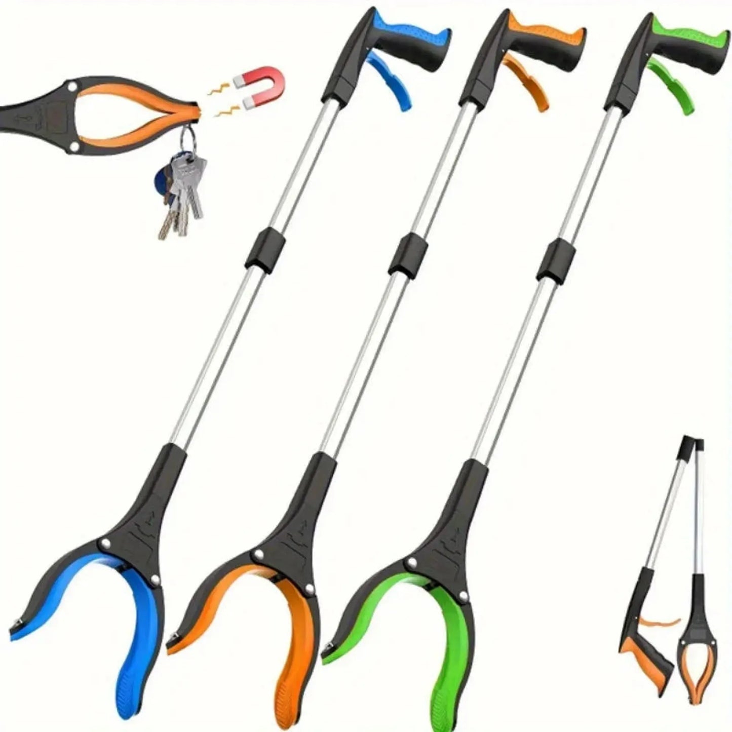 80cm foldable grabber tool with 360-degree rotating head, featuring blue, orange, and green accents.
