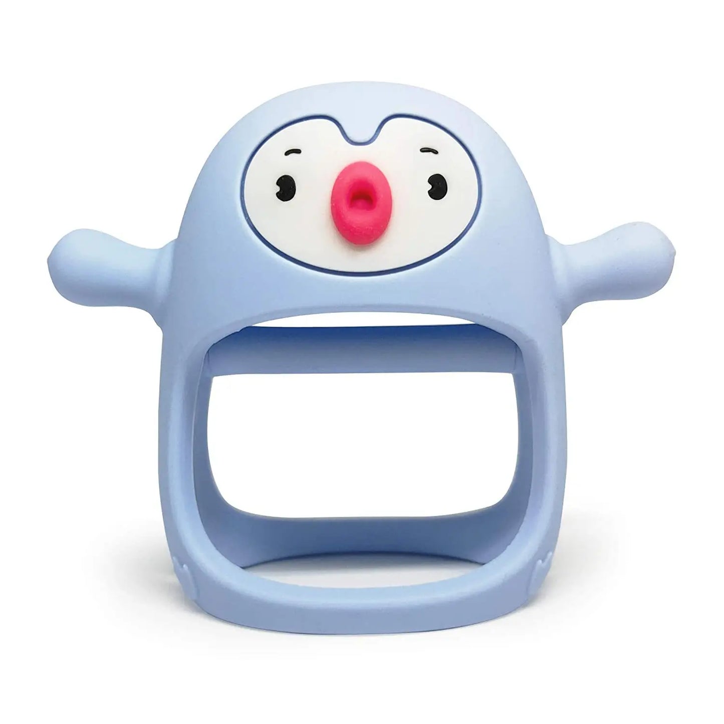 Light blue silicone penguin pacifier teether for babies, ergonomic, anti-drop design.