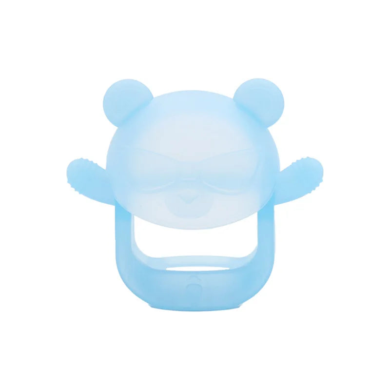 Light blue silicone bear-shaped ergonomic pacifier teether for babies, with textured arms.