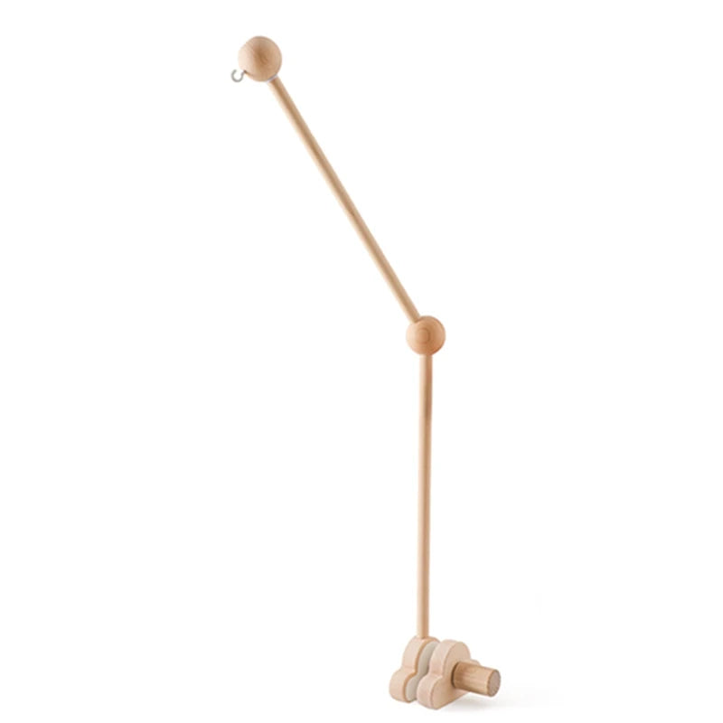 Natural wood baby crib mobile arm with adjustable wooden balls and a hook for hanging felt dolls.