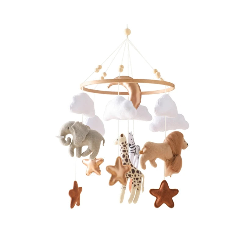 Wooden crib mobile with felt safari animals, white clouds, and gold stars.