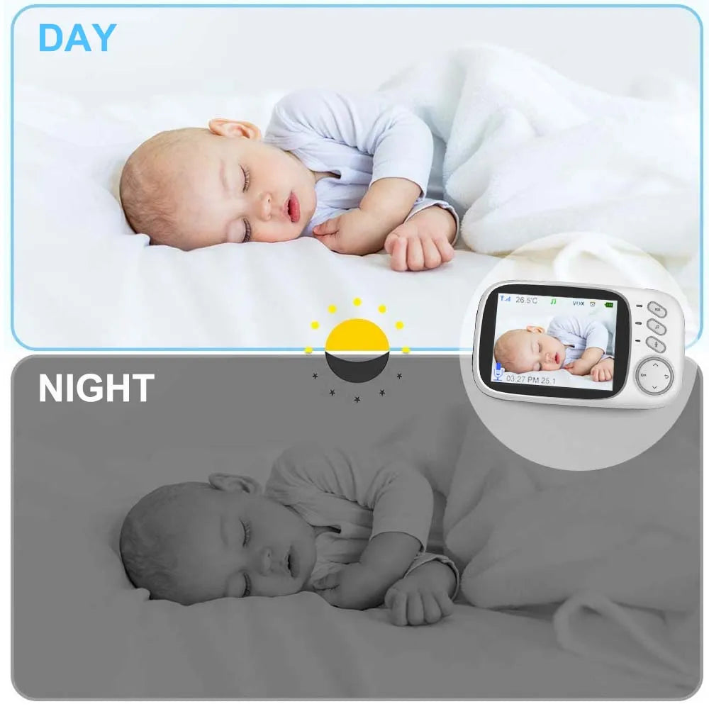 White 3.5-inch baby video monitor with day and night vision, showing a sleeping baby.
