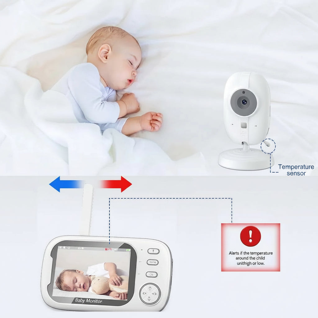 White 3.5-inch baby monitor with video display, night vision, two-way audio, and temperature alert.
