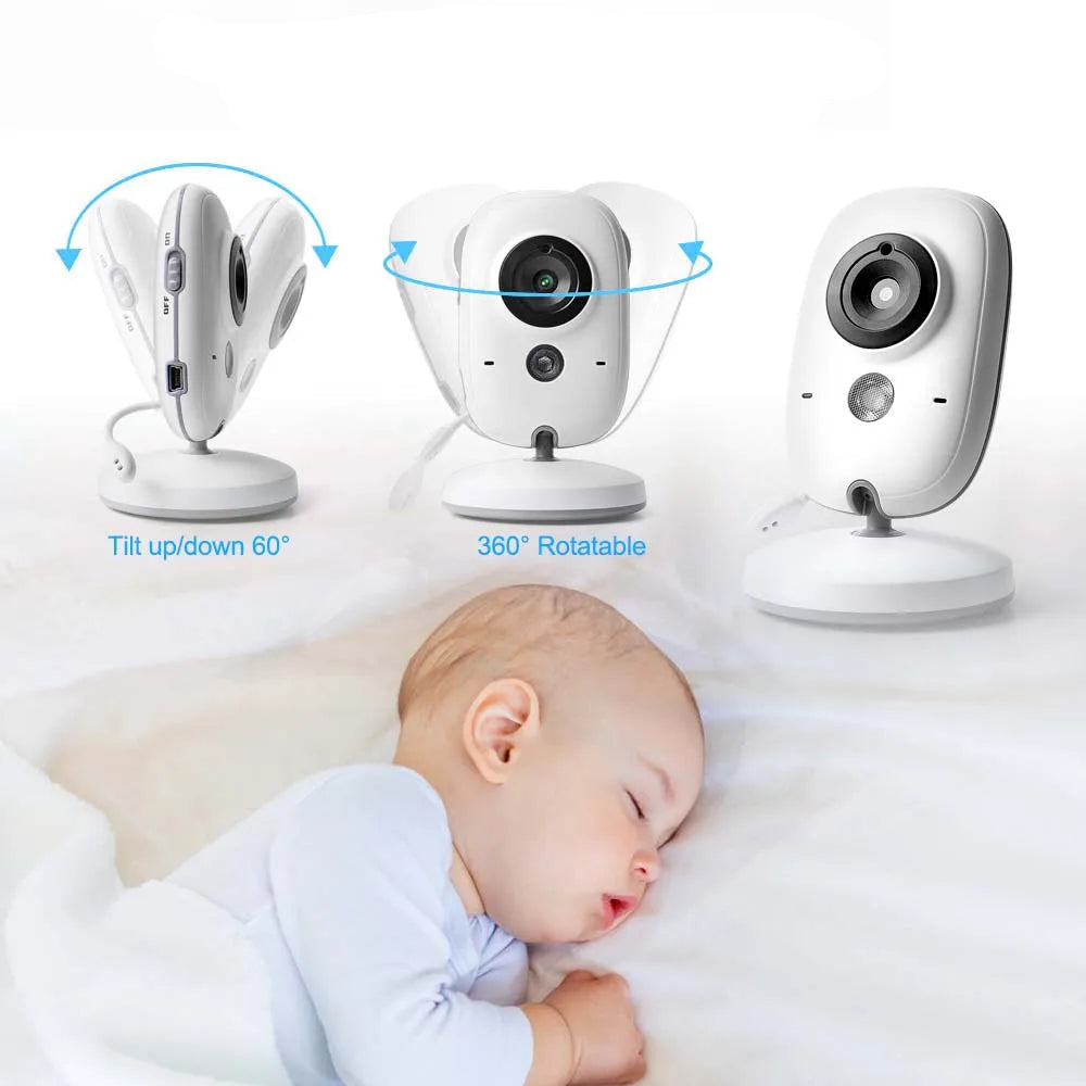 White 3.5-inch baby video monitor with adjustable camera, night vision, and two-way audio, shown with sleeping baby.