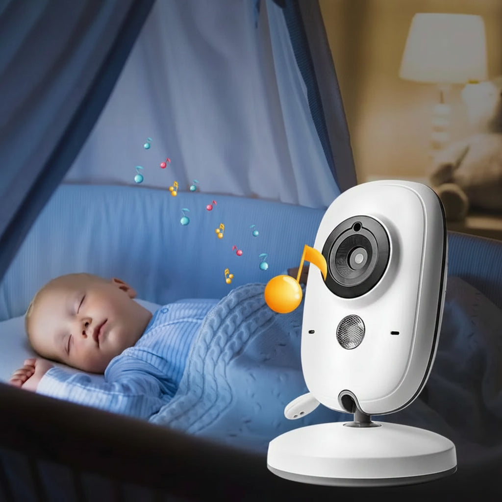 White baby video monitor with night vision, 2-way audio, and built-in lullabies, next to a sleeping baby.