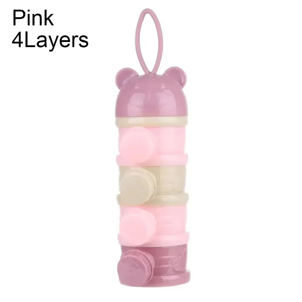 Pink 4-layer portable baby formula and snack dispenser with bear ears and carrying loop.