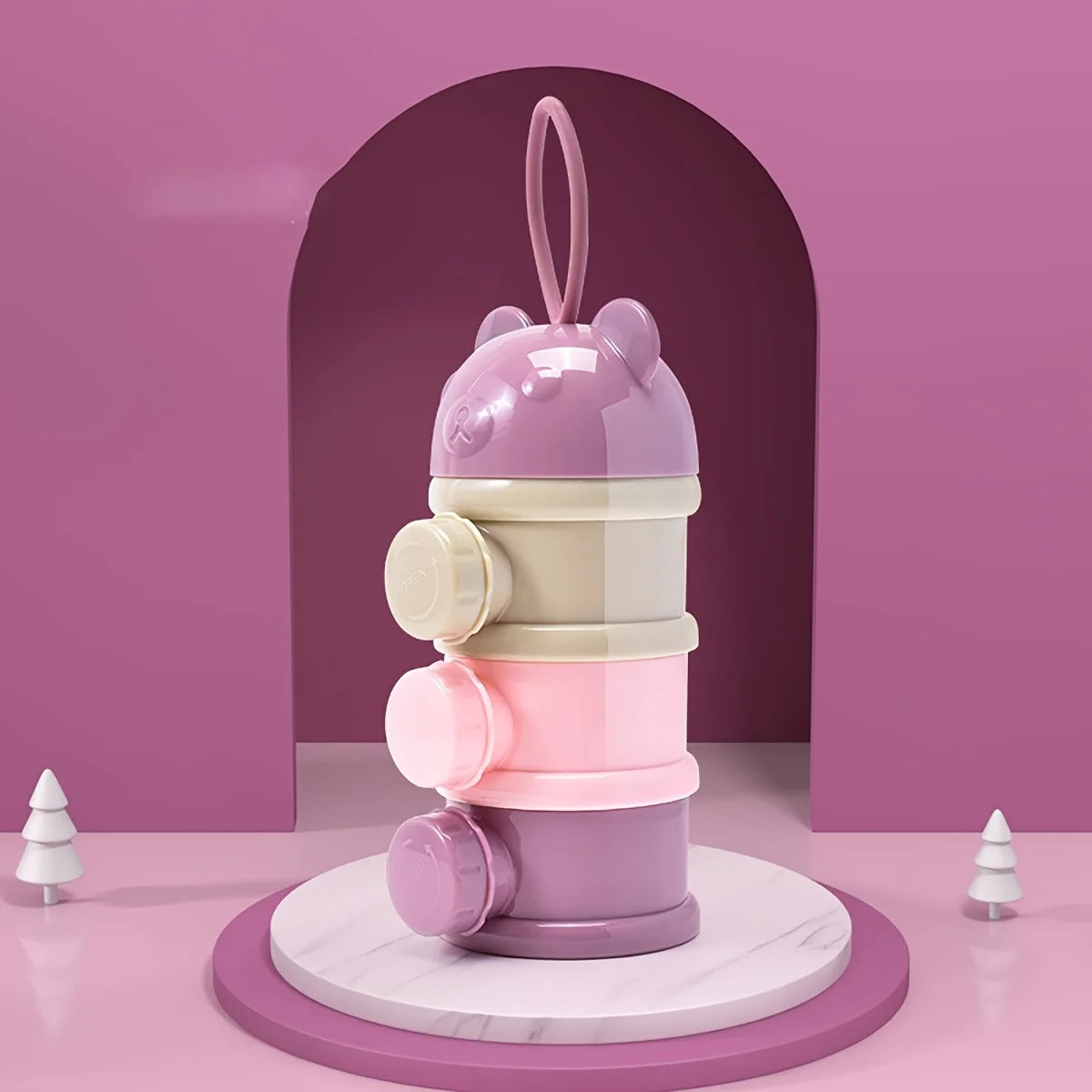 Portable 4-tier baby formula dispenser in purple, pink, and beige with a bear-shaped lid and carry handle.