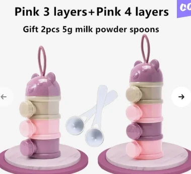 Pink 3 and 4-layer portable baby formula dispensers with bear-ear tops, carry handles, and two spoons.