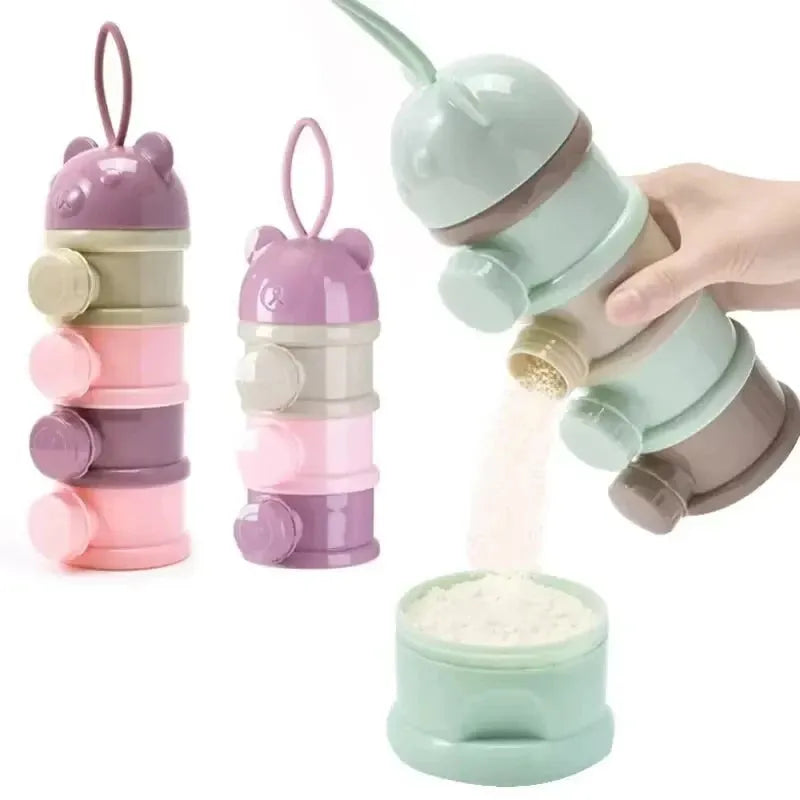 Stackable 3-tier and 4-tier portable baby formula dispensers in pink, purple, and green, with one pouring powder.