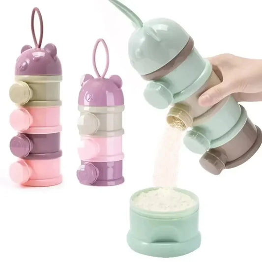 Stackable 3-tier and 4-tier portable baby formula dispensers in pink, purple, and green, with one pouring powder.