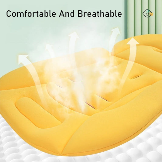 Yellow universal breathable cotton stroller cushion, 70x40 cm, with strap holes for baby comfort.