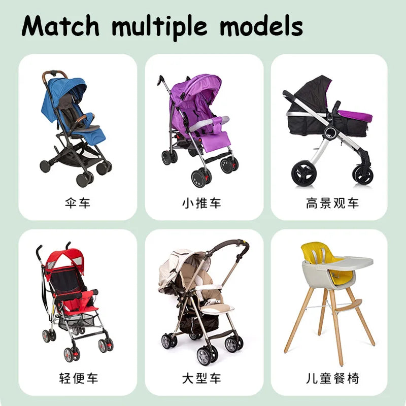 Various strollers and a high chair demonstrating universal fit for a baby mattress.