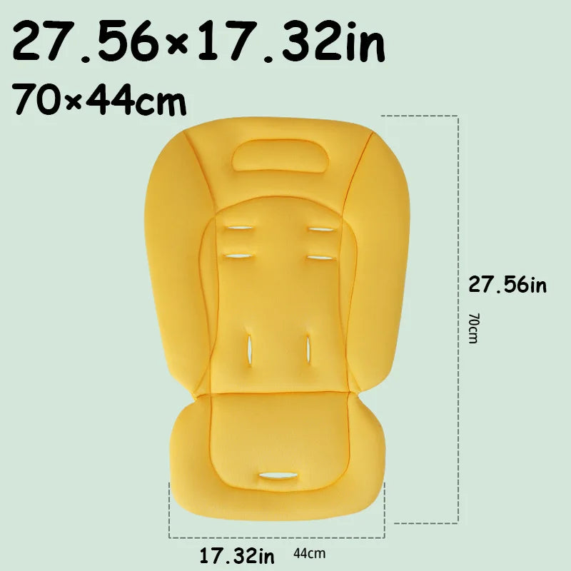 Yellow universal breathable cotton stroller cushion with harness slots, 70x44cm.
