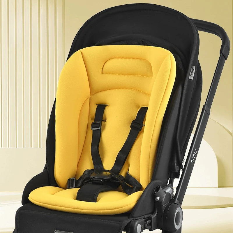 Yellow universal breathable cotton stroller mattress with black harness.