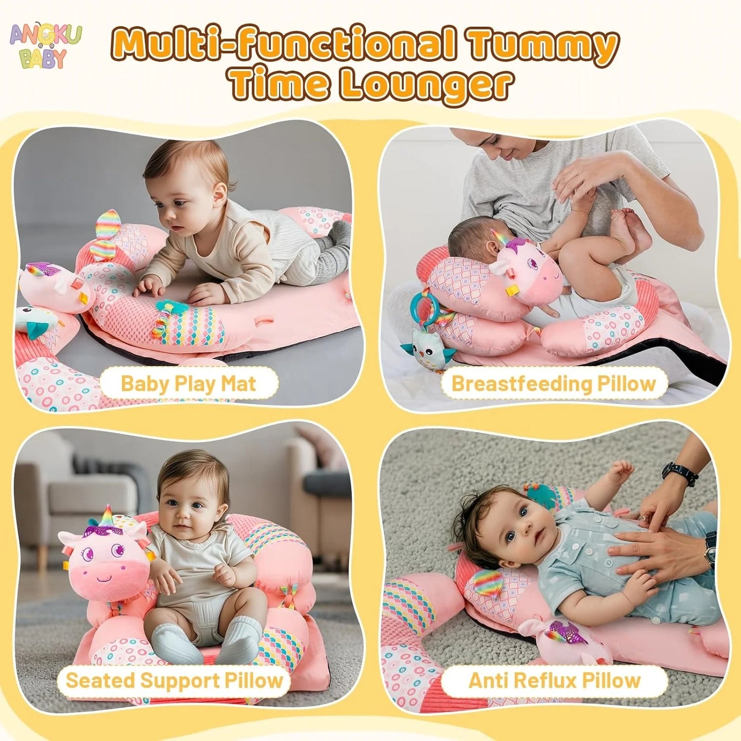 Pink multi-functional baby play mat and lounger with unicorn pillow for tummy time, feeding, and support.