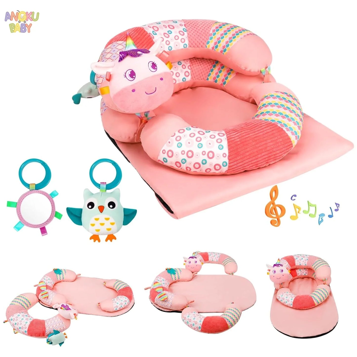 Pink 3-in-1 baby activity mat with unicorn pillow, owl toy, mirror, and musical notes.