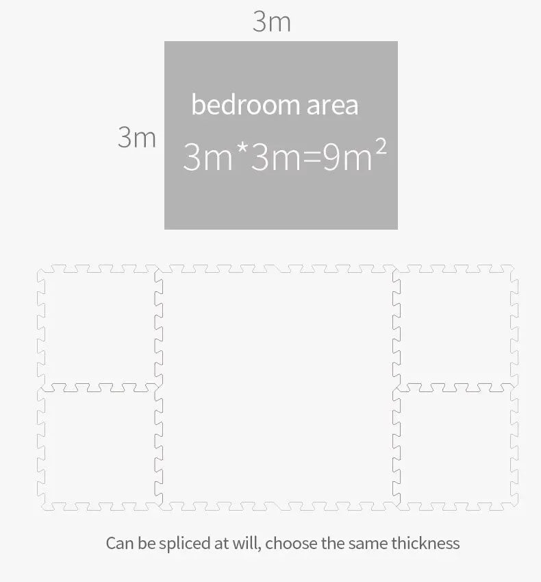 Gray EVA foam puzzle play mat layout for a 3x3m bedroom area, showing customizable interlocking pieces.